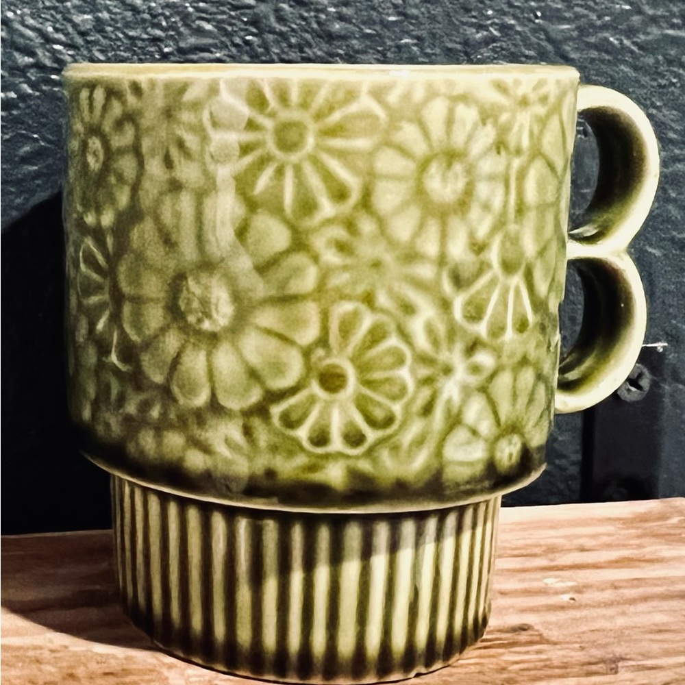 Vintage Mid Century Ceramic Mug - Stackable - Flower Design - Avocado Green - 1